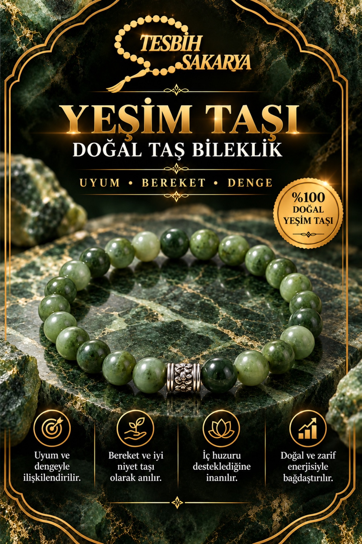 Yeşim taşı doğal taş bileklik 8 mm parlak yuvarlak boncuklu Tesbih Sakarya