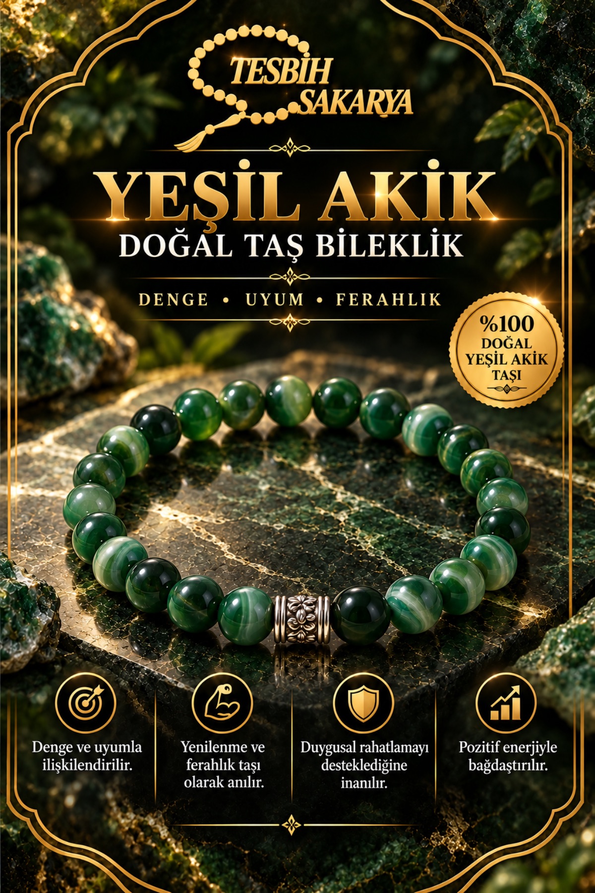 Yeşil akik doğal taş bileklik 8 mm parlak yuvarlak taşlı Tesbih Sakarya