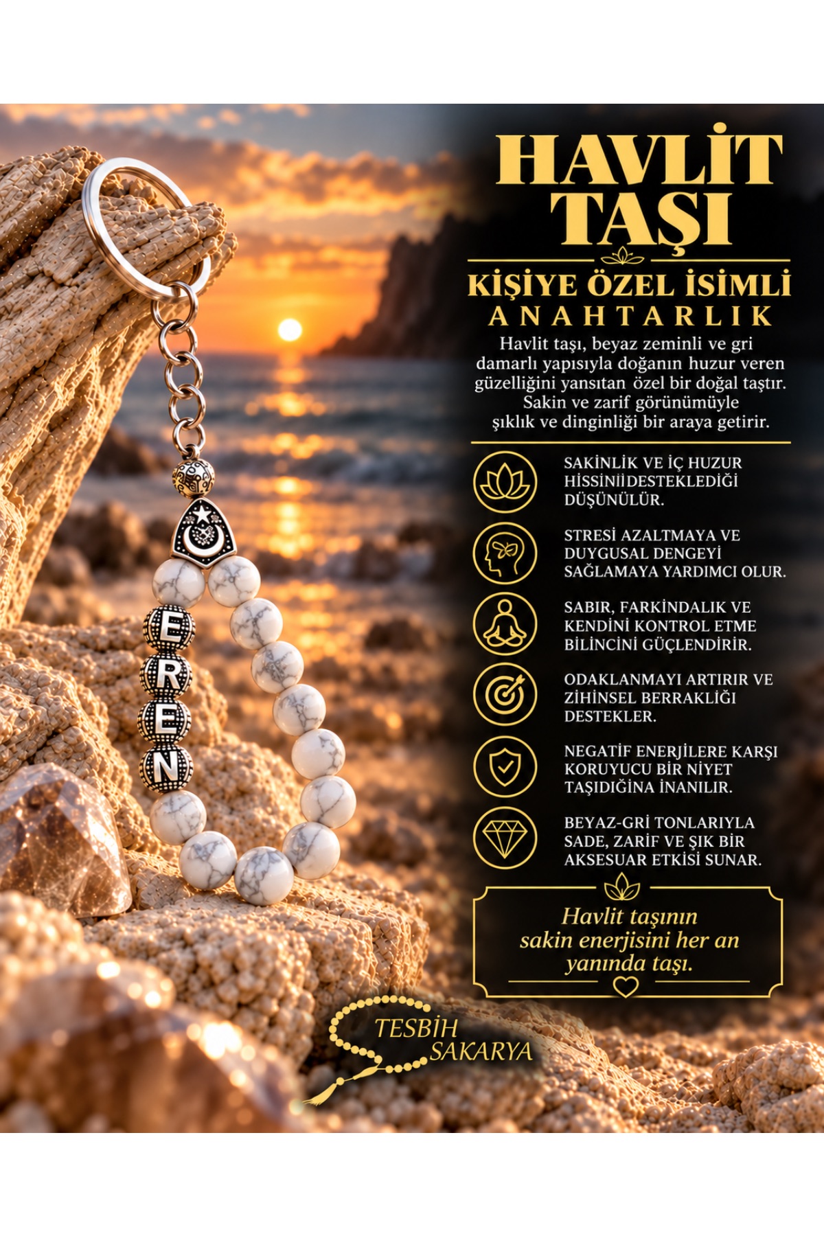 Kişiye Özel İsimli Havlit Taşı Anahtarlık 8 mm – Beyaz