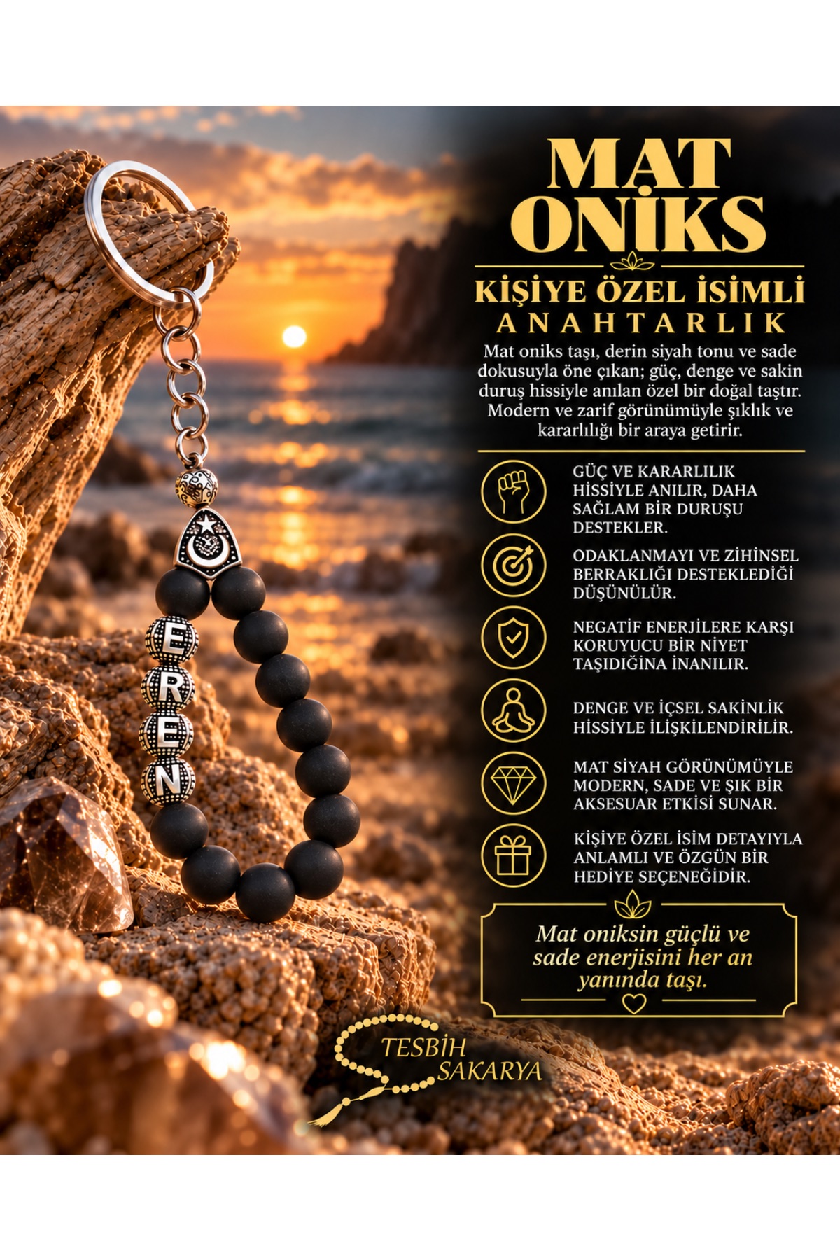 Kişiye özel isimli 8 mm Mat Oniks taşı doğal taş anahtarlık