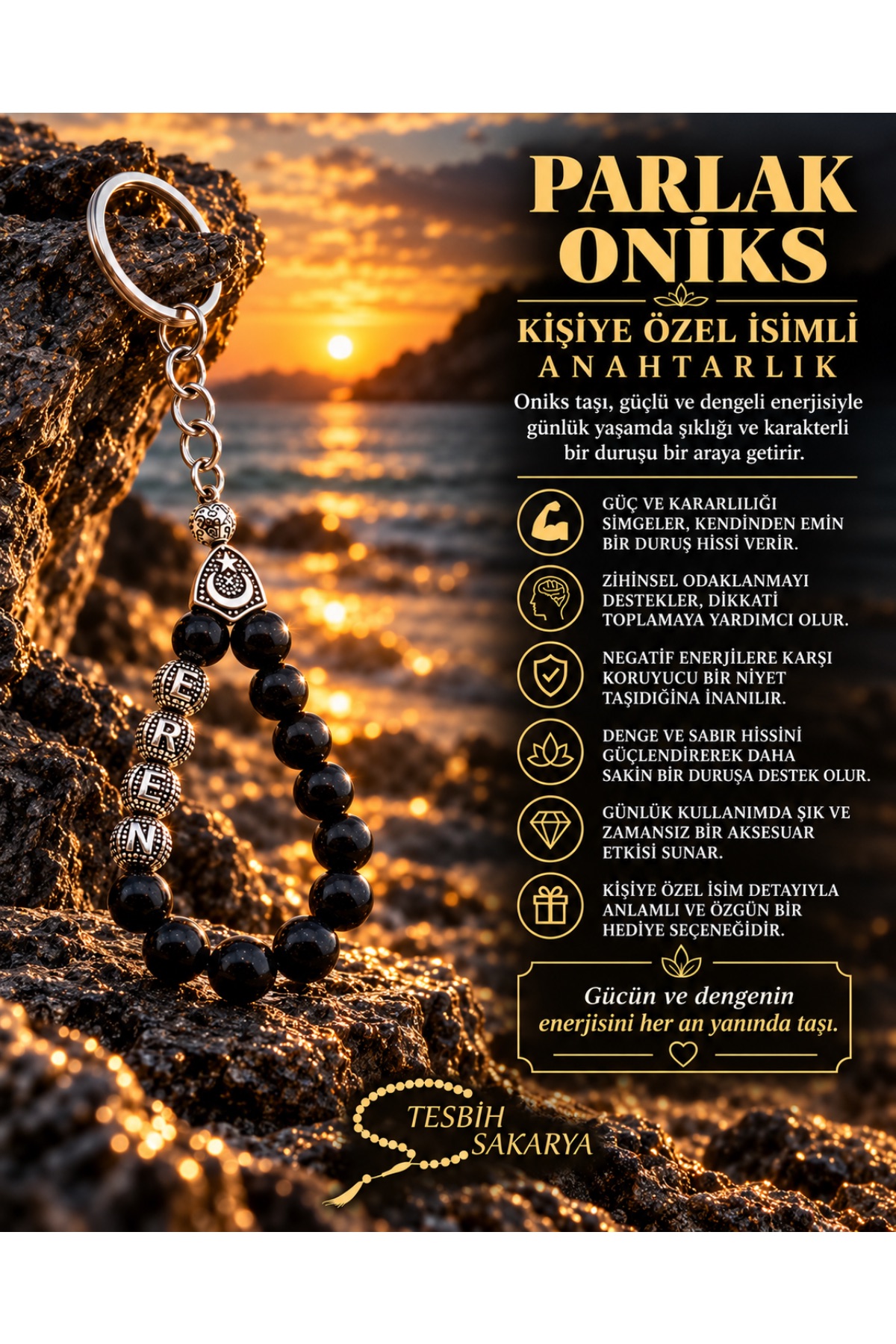 Kişiye Özel İsimli Oniks Taşı Anahtarlık 8 mm
