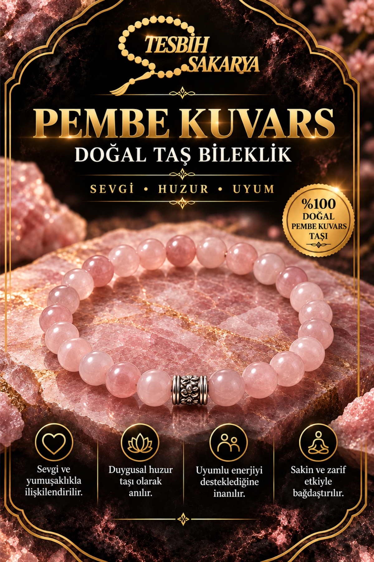 Pembe kuvars doğal taş bileklik 8 mm açık pembe yuvarlak boncuklu Tesbih Sakarya