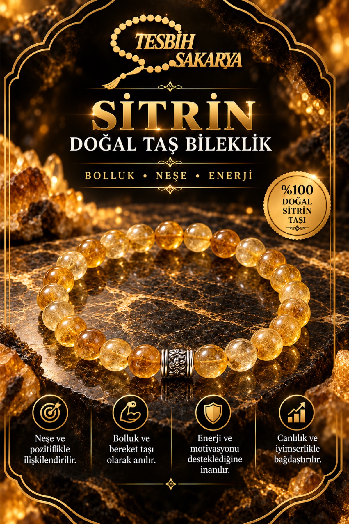 Sitrin doğal taş bileklik 8 mm sarı ve bal tonlarında parlak boncuklu Tesbih Sakarya