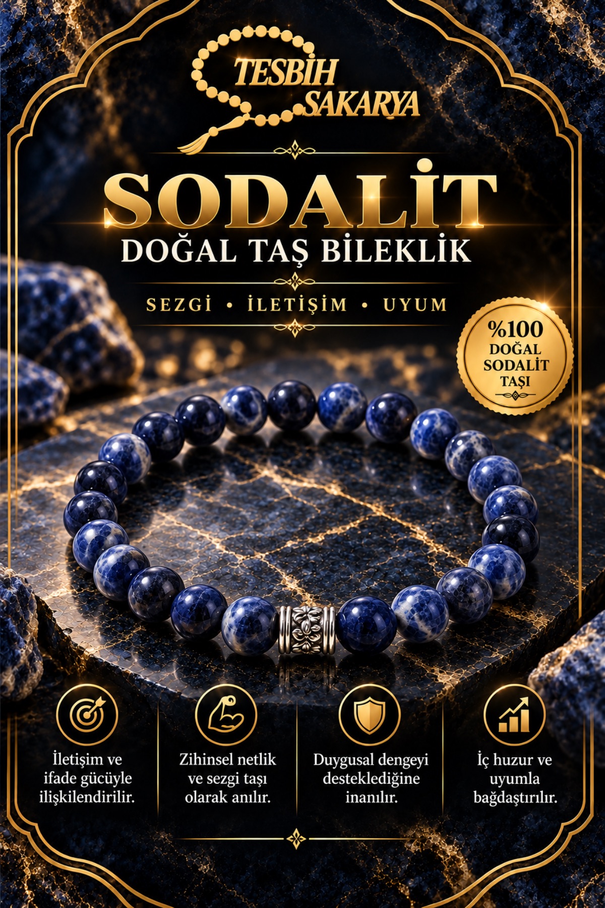 Sodalit doğal taş bileklik 8 mm lacivert mavi ve beyaz damarlı boncuklu Tesbih Sakarya