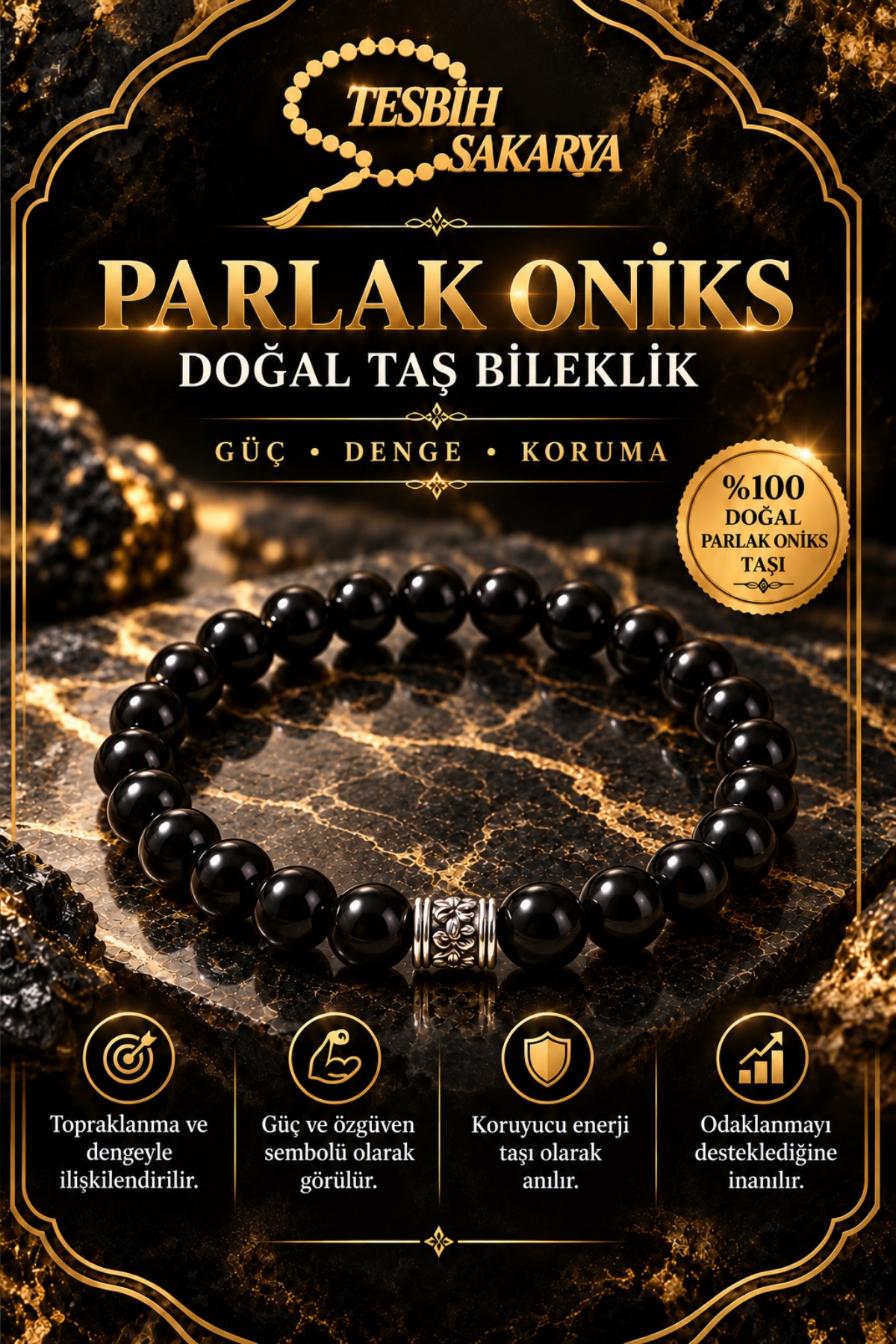Parlak oniks doğal taş bileklik 8 mm siyah yuvarlak boncuklu Tesbih Sakarya