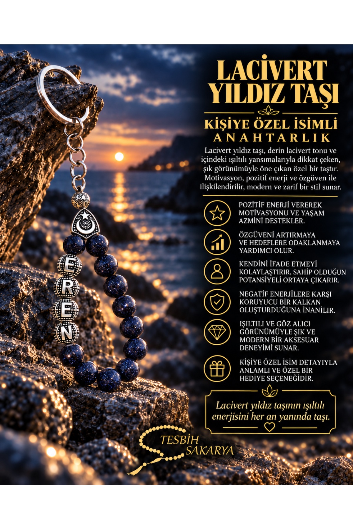 Kişiye özel isimli 8 mm Lacivert Yıldız Taşı anahtarlık