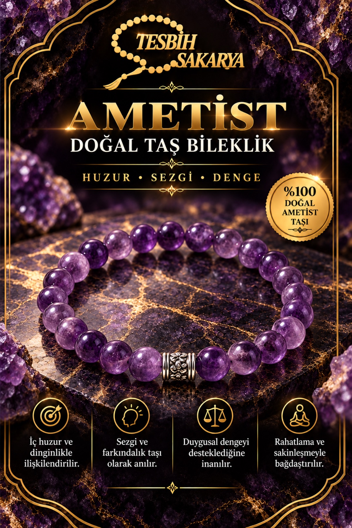 Ametist doğal taş bileklik - mor 8 mm doğal taş boncuklu Tesbih Sakarya bileklik