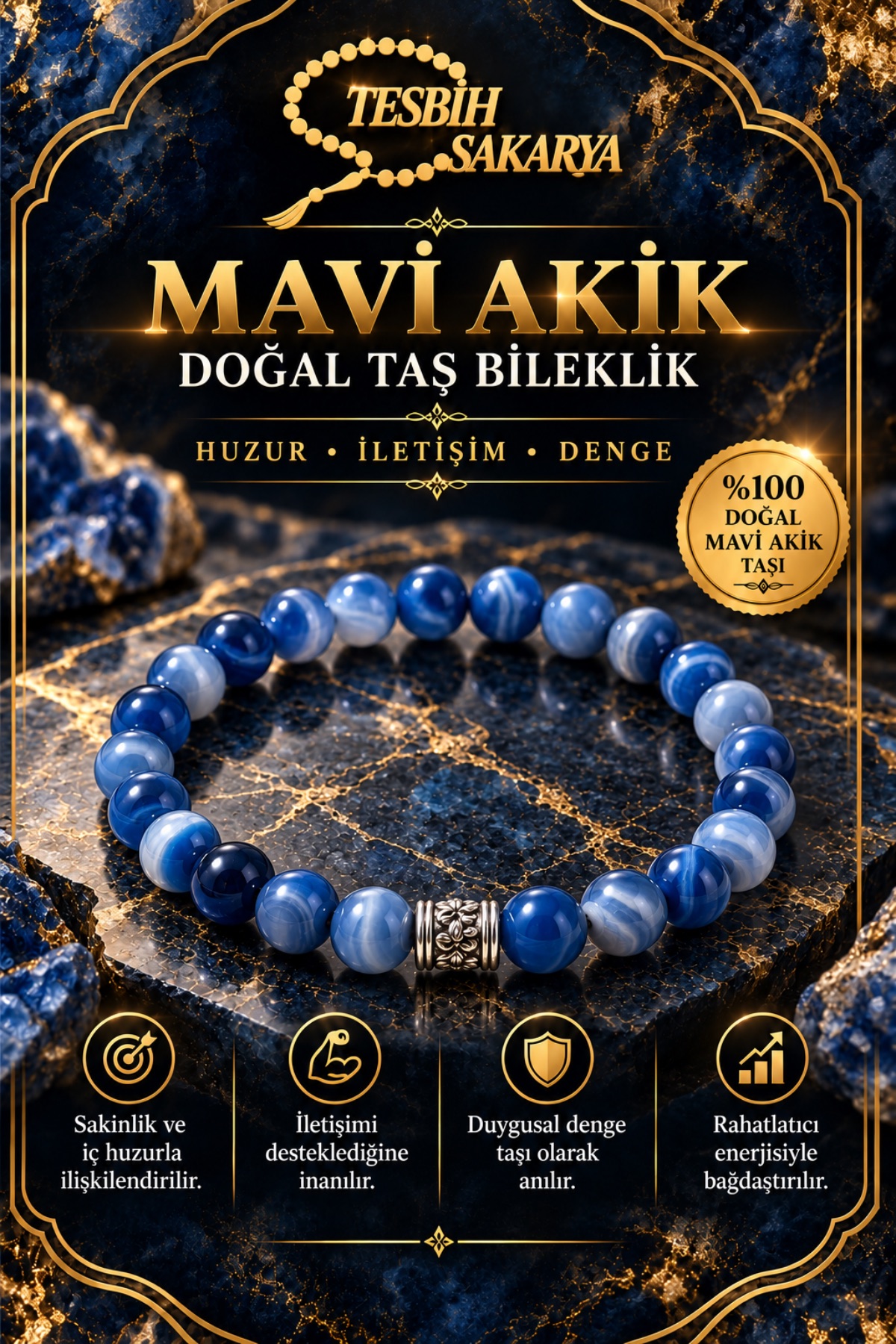 Mavi akik doğal taş bileklik 8 mm mavi tonlarda yuvarlak boncuklu Tesbih Sakarya