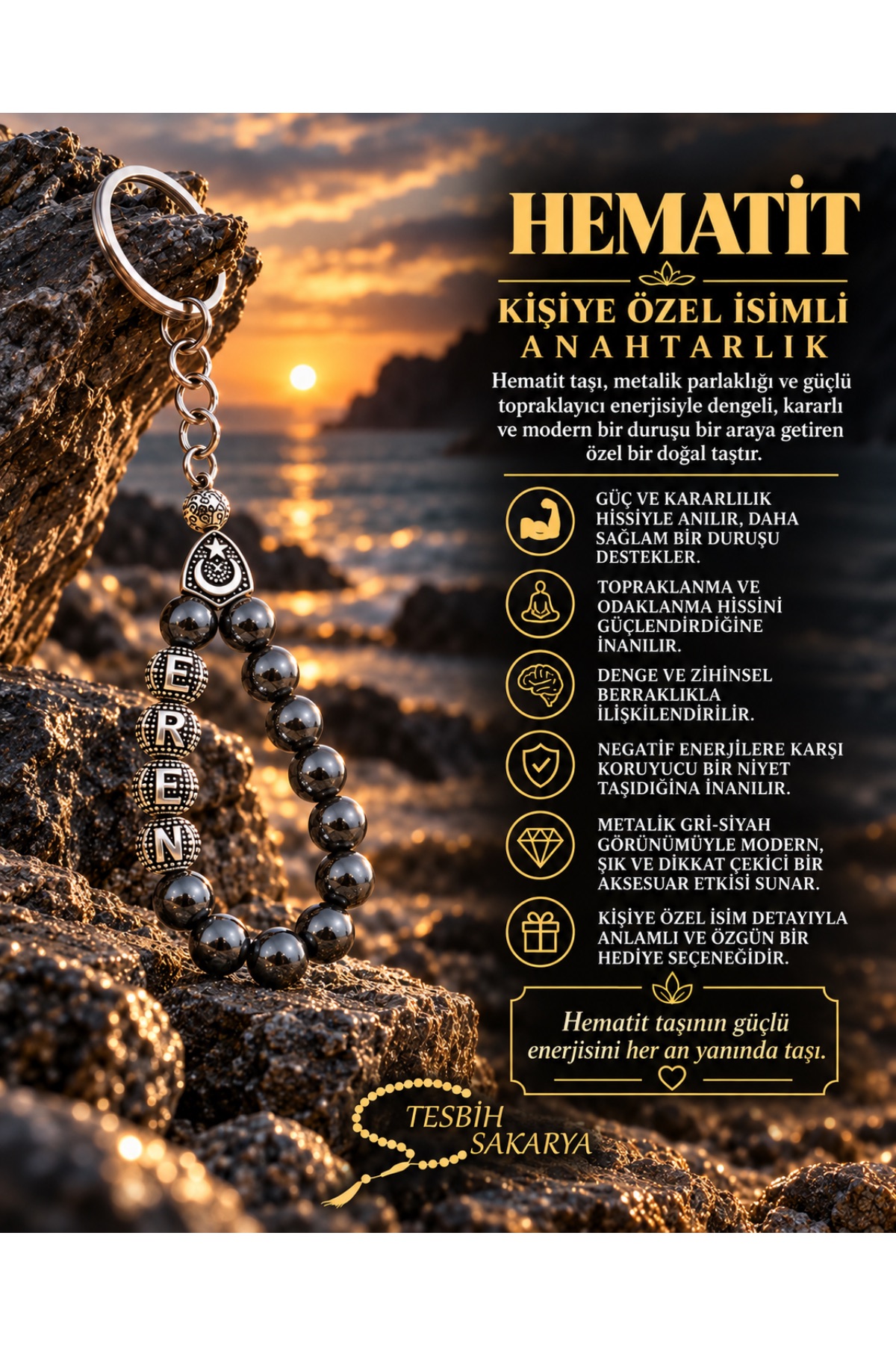Kişiye özel isimli 8 mm Hematit taşı doğal taş anahtarlık
